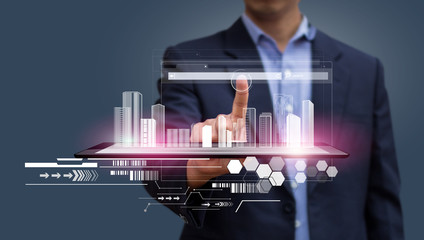 PrintGlobalization. Businessman pressing virtual Internet webpage. Design concept of Business and technology. Technology and Communication.