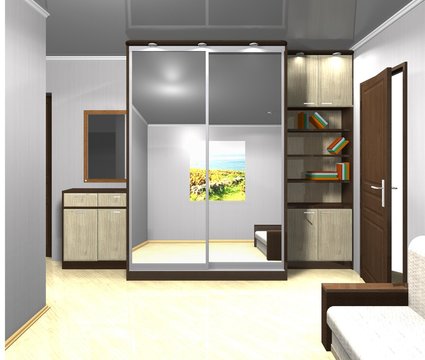 3D rendering  illustration interior design Cabinet sliding doors mirrored, hallway