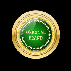 Glossy and gold label. Green stone in gold. Stone with different