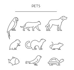 Line set of pets. Linear silhouettes animals isolated on white.