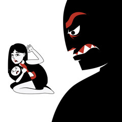 Woman hides the child from male silhouette