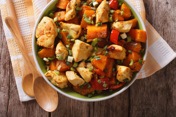 chicken curry with pumpkin and pepper close-up. horizontal top view
