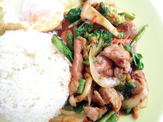 Stir Fried Pork with Roasted Chili Paste with mixed vegetables & Thai jasmine rice