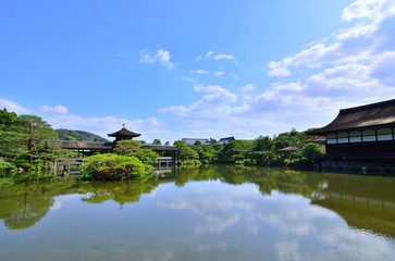 Fototapeta na wymiar wooden bridge of Japanese garden, Heian shrine Kyoto Japan.