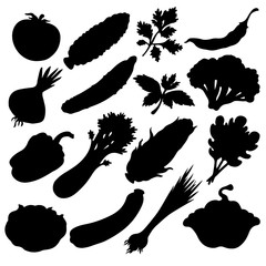 Vegetables and leafs set black silhouettes isolated