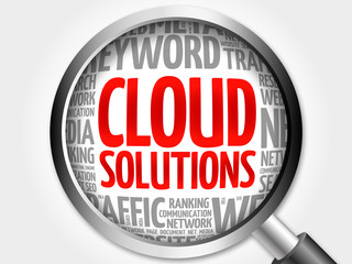 Cloud Solutions word cloud with magnifying glass, business concept