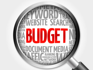 BUDGET word cloud with magnifying glass, business concept