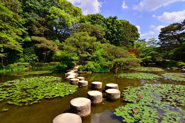 Stone path in Japanese garden, Heian shrine Kyoto Japan.