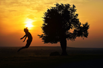 young happy woman on field in summer sunse