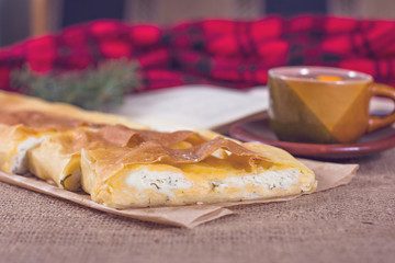 Tea, plaid, cake and a book. The atmosphere for a cozy romantic evening.
