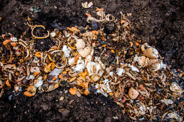 a pile of food waste, such  as eggshells and fruit and vegetable peels on the ground with snow. Composting pile of rotting kitchen fruits 