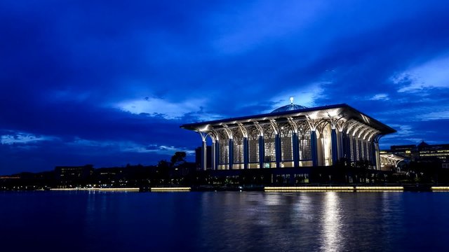 Time lapse during sunrise over Tuanku Mizan Zainal Abidin Mosque. Also known as Iron Mosque, the Mizan mosque is the second principal mosque in Putrajaya,