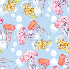 Fototapeta premium Colorful jellyfish. Sea pattern. Seamless pattern watercolor.