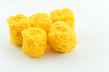 Sweet egg floss isolate on white background - dry sweet egg floss desert
Four kind of Thailand traditional dessert in thai name of Foi Thong or fios de ovos