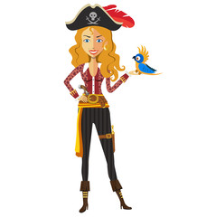 Cute pirate girl with parrot isolated on a white background