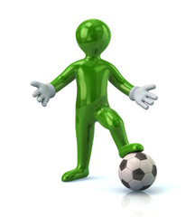 Green cartoon character man standing on a soccer ball