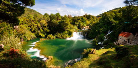 Fototapeta na wymiar Beautiful long exposure panorama over some waterfalls of the Krka river in Krka national park in Croatia
