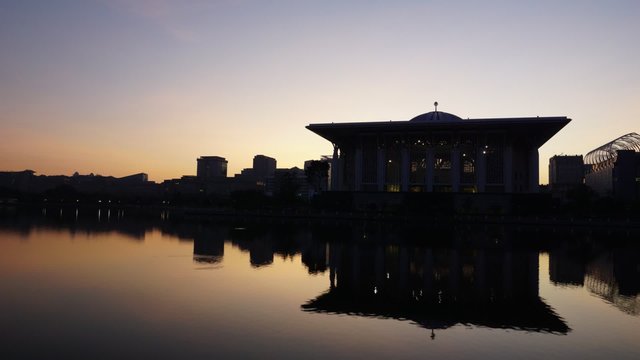 Time lapse during sunrise over Tuanku Mizan Zainal Abidin Mosque. Also known as Iron Mosque, the Mizan mosque is the second principal mosque in Putrajaya,