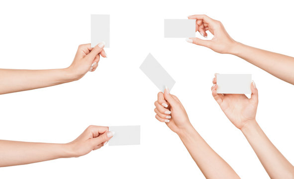 collection of female hand with business card on an isolated whit
