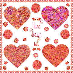 Fototapeta na wymiar Set of four hand drawn hearts with floral frame. Floral boho ethnic background with red, yellow and orange flowers. Stylized stained glass pattern. Doodles, zen tangle