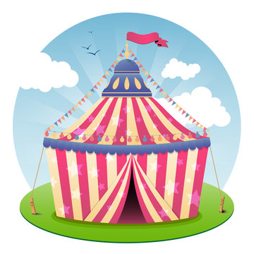 Abstract circus tent and sky with clouds on white background