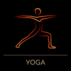 Man in yoga pose on black background. Dynamic yoga illustration in golden tones. Silhouette of yogi in asana as design element for yoga poster, yoga studio, yoga center, fitness center with your text.