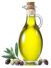 Olive oil and berries on a white background.