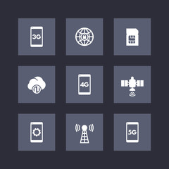 wireless technology, mobile communication, connection signs, 4g, 5g mobile internet icons, flat square set, vector illustration