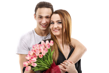 happy couple with a bouquet of tulips, valentines day theme