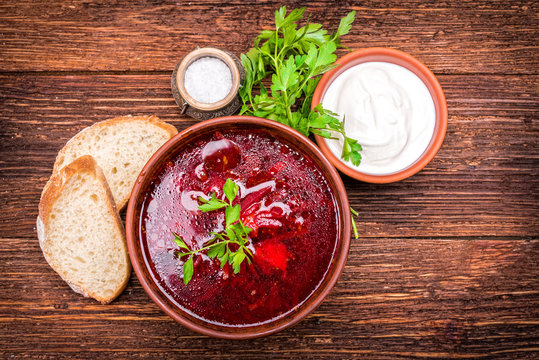 Bowl of red beetroot soup. 