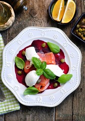 beet salad, soft cheese and smoked salmon with capers and olive oil.