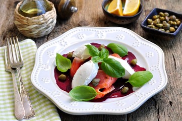 beet salad, soft cheese and smoked salmon with capers and olive oil.