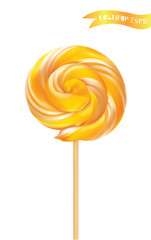 Vector illustration of yellow and white sweet lollipop candy. Isolated on white background