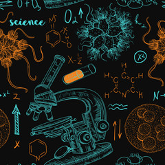 Vintage seamless pattern old chemistry laboratory with microscope, tubes, formulas, microbes and viruses. Vector retro hand drawn illustration in sketch style