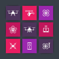 Drone icon, uav, copter, quadrocopter square icons set, vector illustration