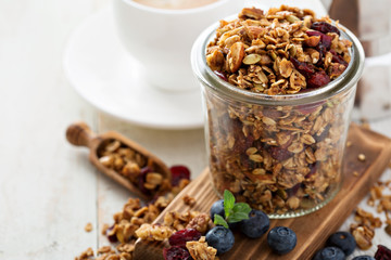 Homemade granola in a glass jar