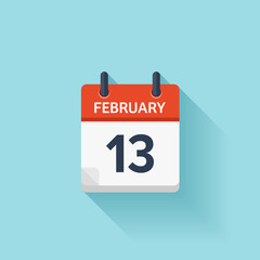 February 13. Vector flat daily calendar icon. Date and time, day, month. Holiday.