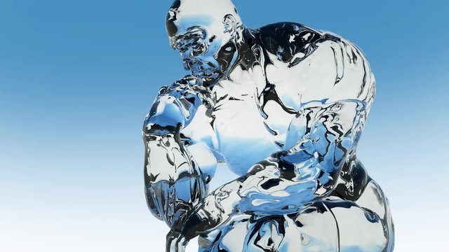 sculpture of man the thinker from glass on a blue, black and green background