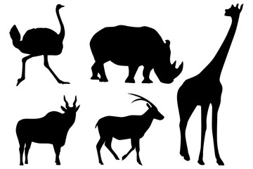 Silhouettes of animals: giraffe, rhino, ostrich, goat.