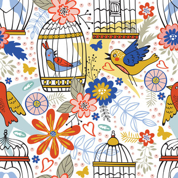 Elegant pattern with flowers, bird cages and birds