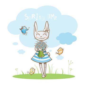 Spring postcard with cute cartoon  rabbit girl and birds. Vector illustration. Spring sky.