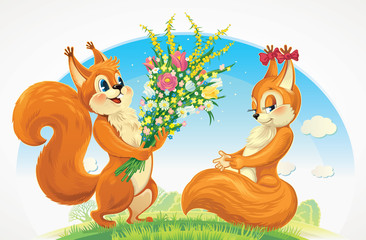 Squirrel character - a boy, give flowers a squirrel character  - a girl. Congratulations to her for the holiday.