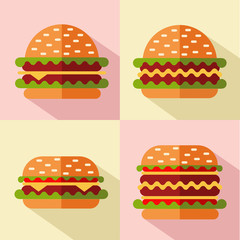 Vector flat style icons set of fast food, junk food with long shadow. Four different types of hamburger or cheeseburger.