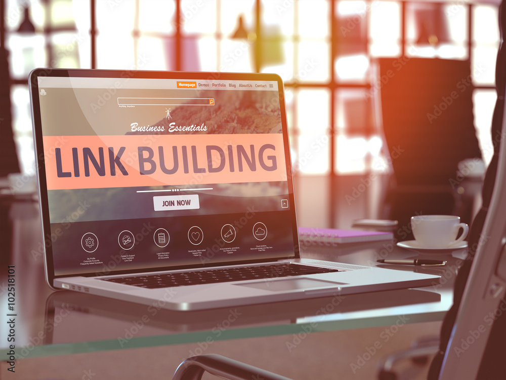 Poster modern workplace with laptop showing landing page with link building concept. toned image with selec