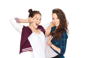 Fototapeta na wymiar happy pretty teenage girls showing peace hand sign