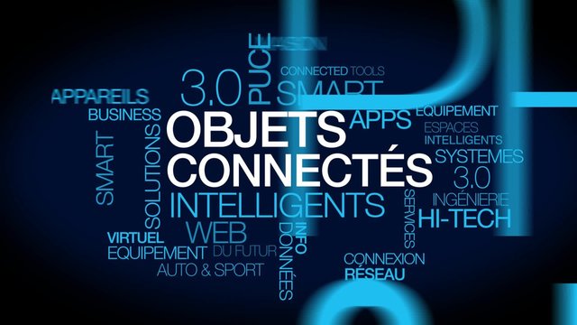 Objets Connect&eacute;s appareils intelligents domotique internet des objets nuage de mots texte animation