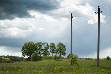Fototapeta na wymiar Mound with trees and electric poles