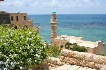 views of the Mediterranean in Jaffa, Tel Aviv, Israel. Ottoman era stone buildings, including a...