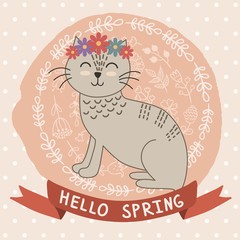 Hello spring vector card with a cute cat