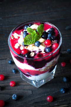 Dessert with yougurt,  jam and berries